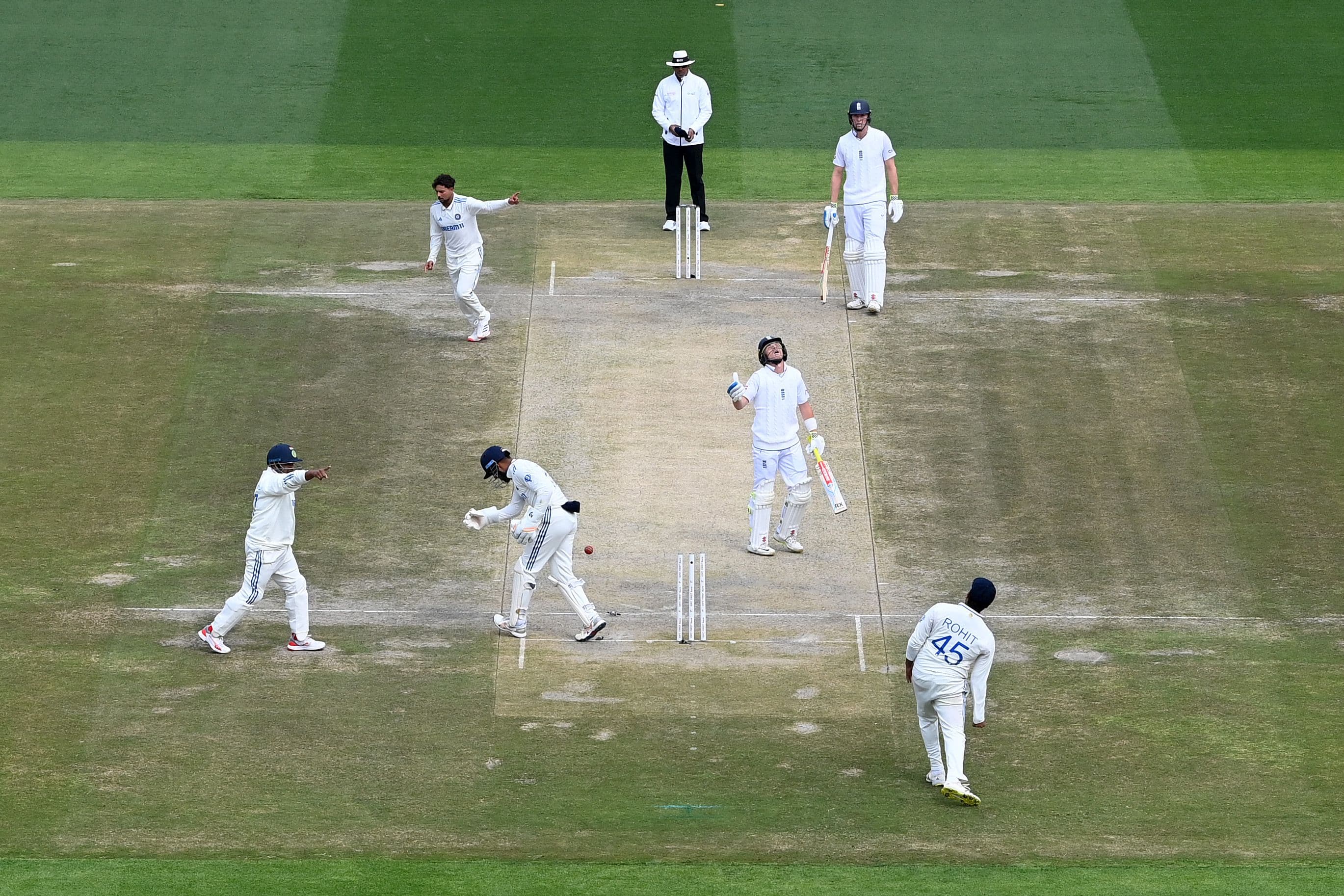 Ollie Pope of England is stumped by Dhruv Jurel of India from the bowling of Kuldeep Yadav during day one of the 5th Test Match between India and England (Photo by Gareth Copley/Getty Images)