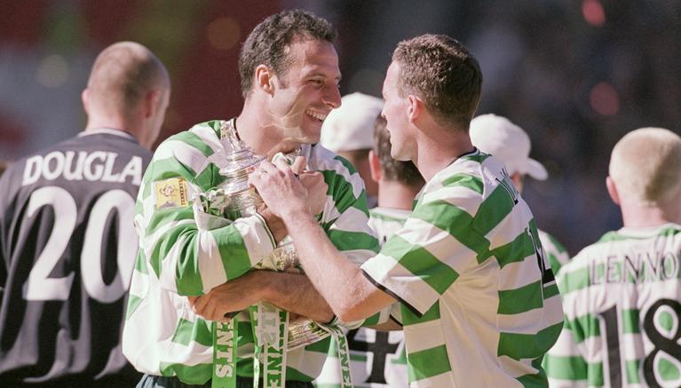 Celtic duo Ramon Vega (left) and Paul Lambert celebrate their Tennents Scottish cup final win against Hibernian