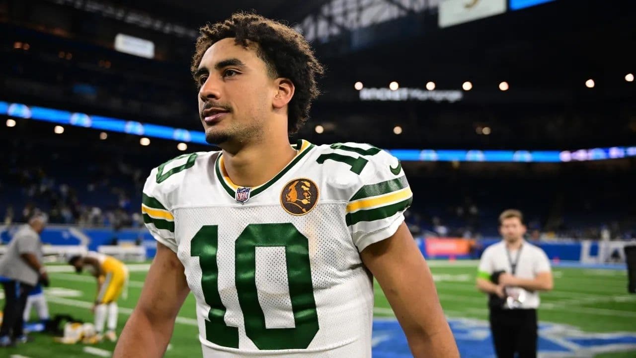 Green Bay Packers quarterback Jordan Love walks off the field after the second half of an NFL football game against the Detroit Lions, Thursday, Nov. 23, 2023, in Detroit. 