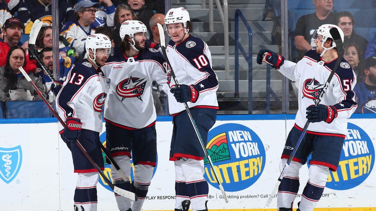 Kirill Marchenko celebrating his second hat trick for the Blue Jackets