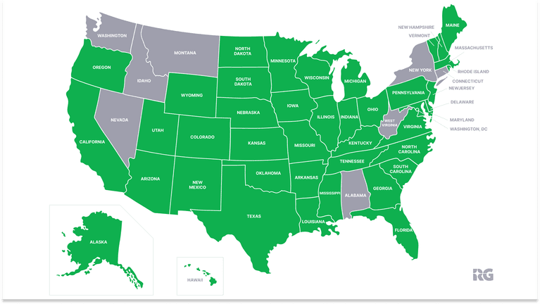 A map of the US with the states Pulsz Sweepstakes Casino is legal
