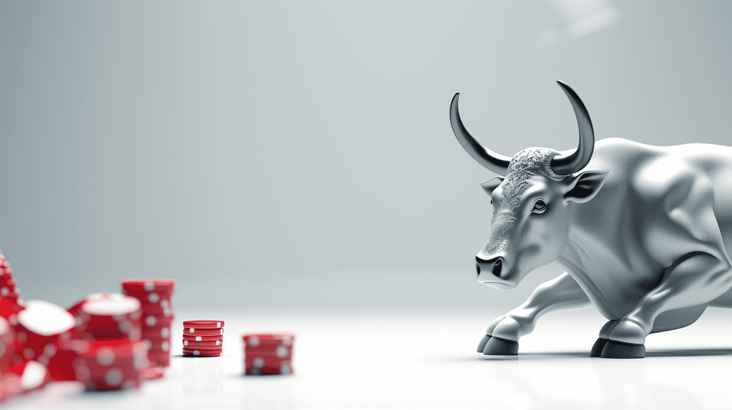A Bull representing stock market across casino dice and chips