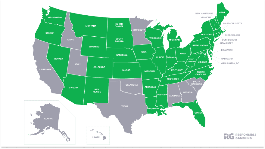 Map of US States with Legal Gambling 